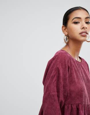 Missguided cord smock dress in burgundy ASOS