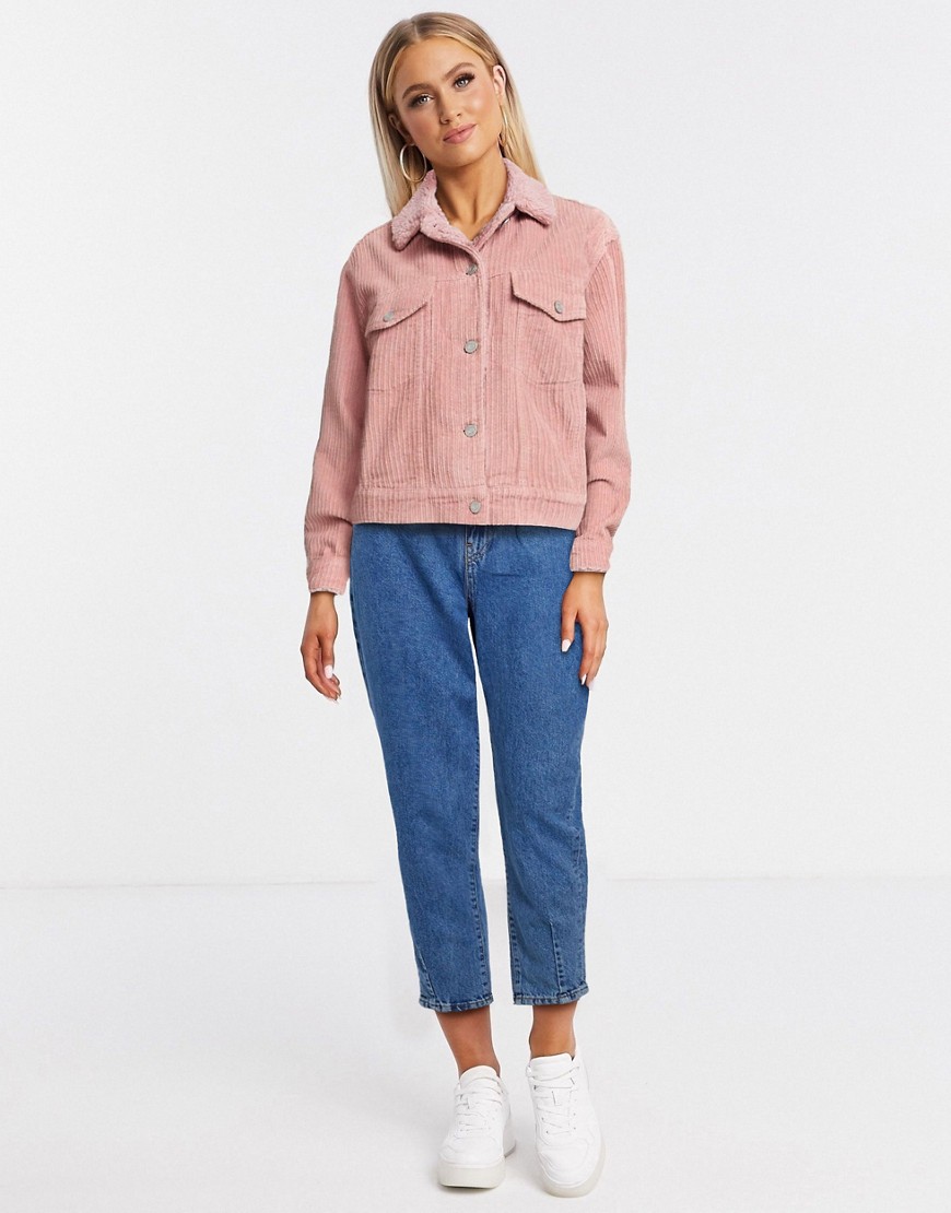 Missguided cord trucker jacket with borg collar in pink