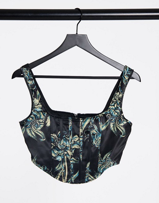 Missguided corset crop top in black floral print