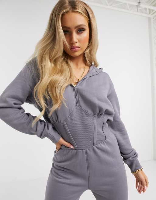 Missguided corset detail hooded jumpsuit in gray