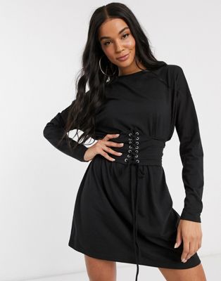 Missguided corset detail t-shirt dress with long sleeve in black