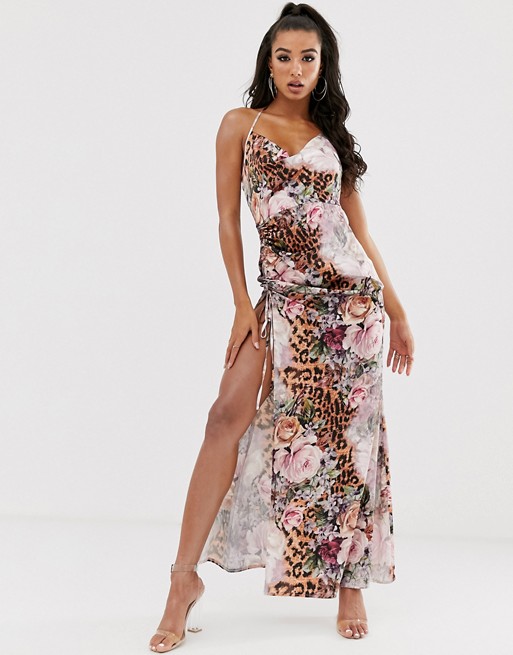 Missguided cowl neck side split maxi dress in floral and leopard mix print