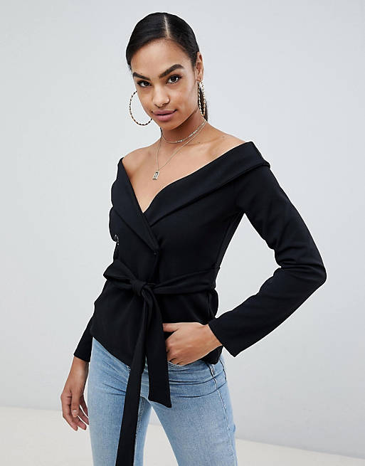 Missguided crepe bardot blazer blouse in black