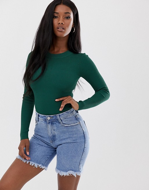 Missguided crew neck knitted body in green