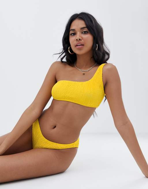 Missguided crinkle one shoulder bikini top in yellow