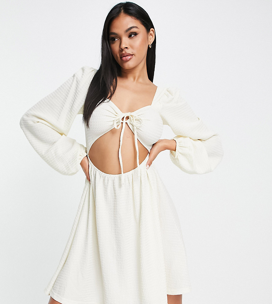 Missguided Crinkle Smock Dress With Puff Sleeve In Cream-white
