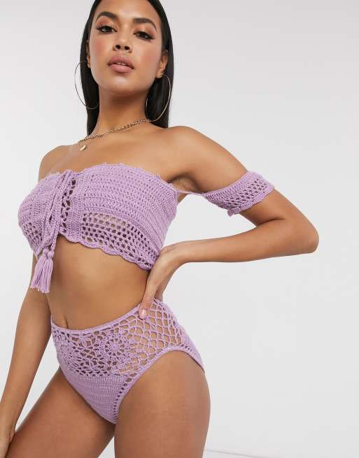 Missguided crochet off shoulder bikini top in lilac