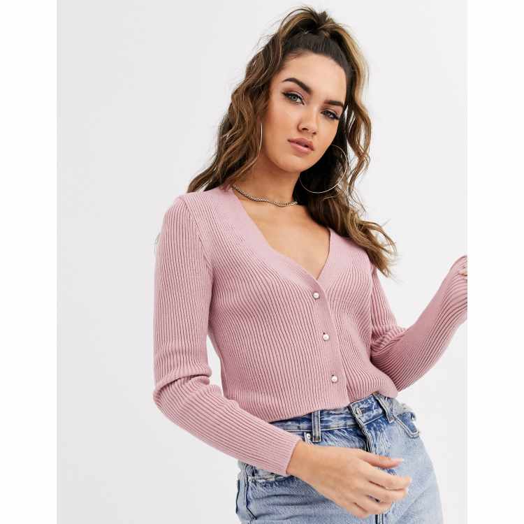 Missguided crop cardigan with pearl buttons in pink