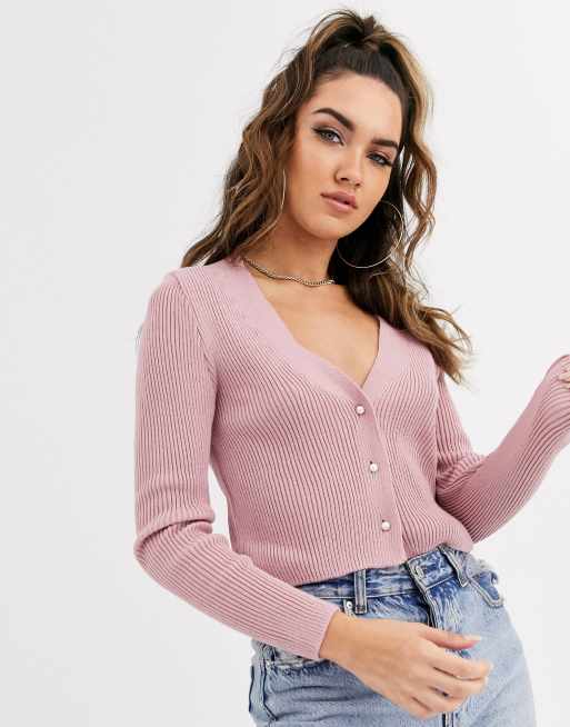 Missguided crop cardigan with pearl buttons in pink ASOS