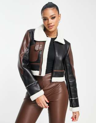 Missguided crop contrast aviator jacket in multi