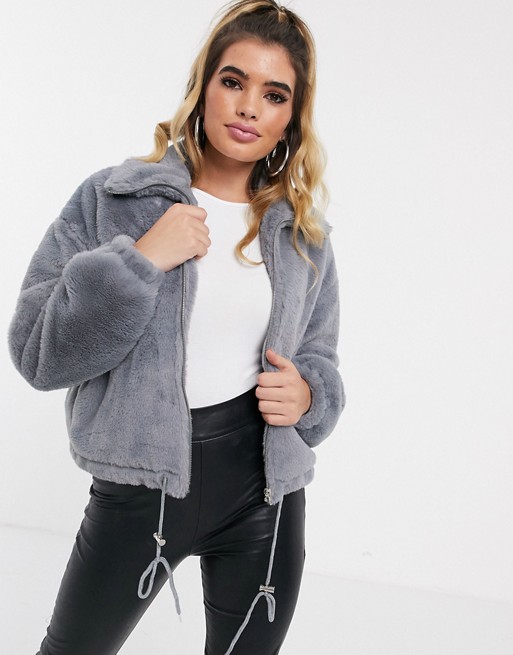 Missguided crop faux fur bomber jacket in grey