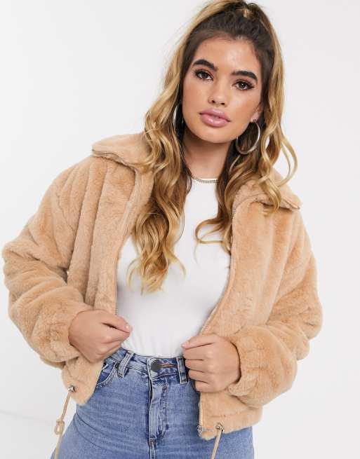 Cropped faux fur bomber on sale jacket