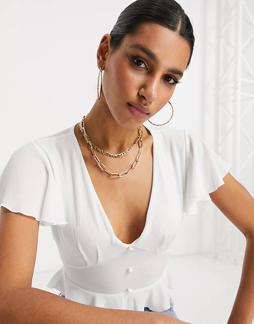 Missguided crop peplum top with button detail in white