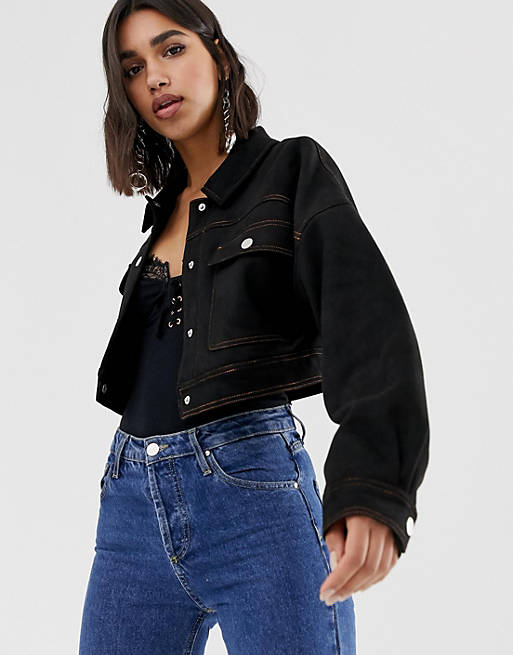 Missguided crop suedette trucker with contrast stitch in black | ASOS