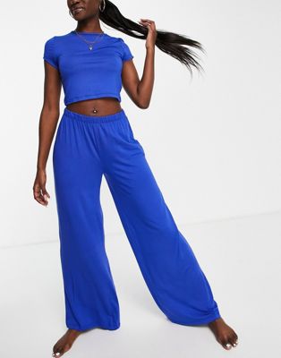 Missguided crop top and wide leg pyjama set in cobalt blue