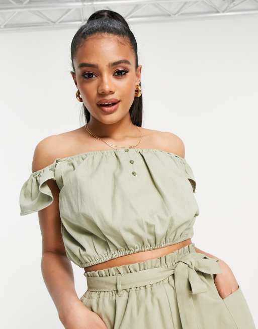 Missguided - Crop top d'ensemble à encolure Bardot en chambray - Kaki, 4 de 4