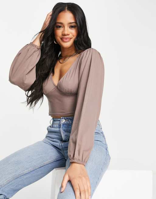 Missguided - Crop top met open achterkant en lange pofmouwen in grijs