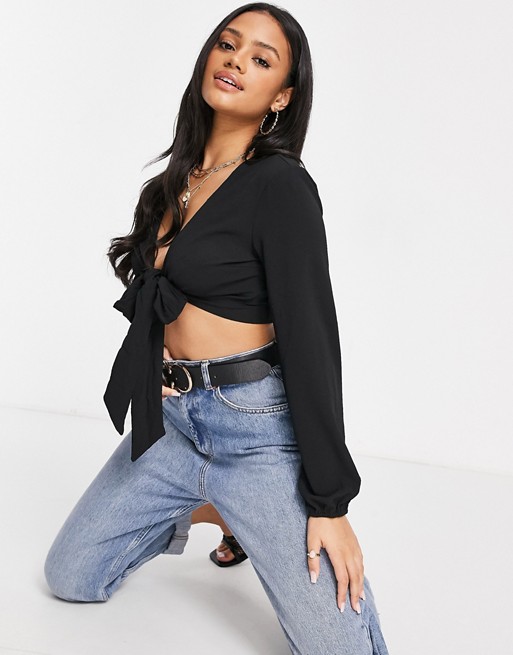 Missguided crop top with tie front in black