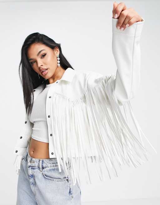 Missguided crop western trucker jacket with fringe detail in white faux leather