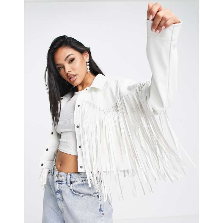 Missguided crop western trucker jacket with fringe detail in white faux leather