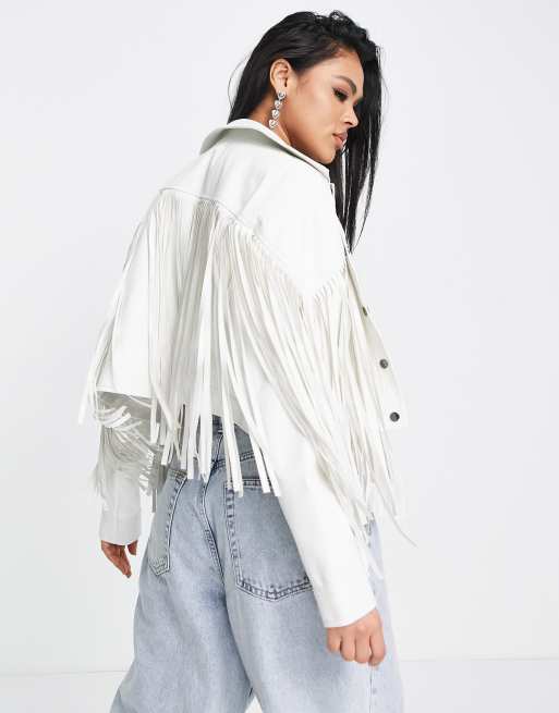 Missguided crop western trucker jacket with fringe detail in white faux leather