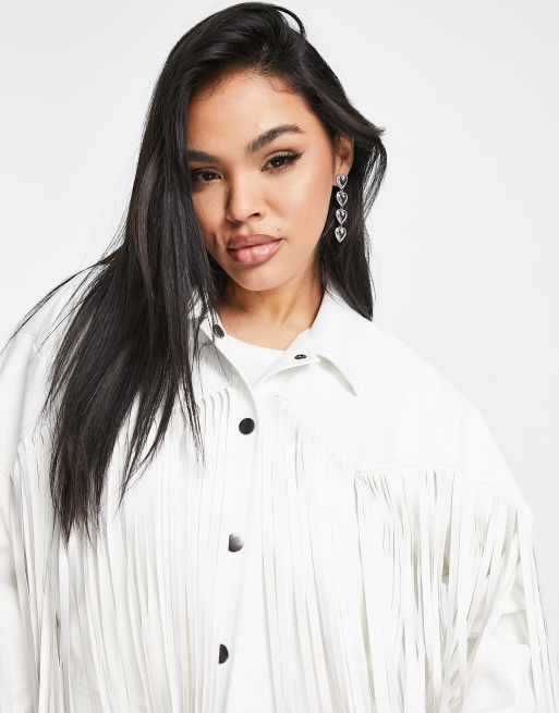Missguided crop western trucker jacket with fringe detail in white faux leather