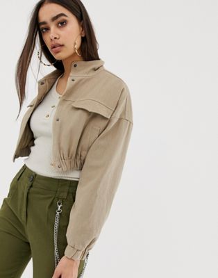Missguided cropped bomber jacket in beige | ASOS