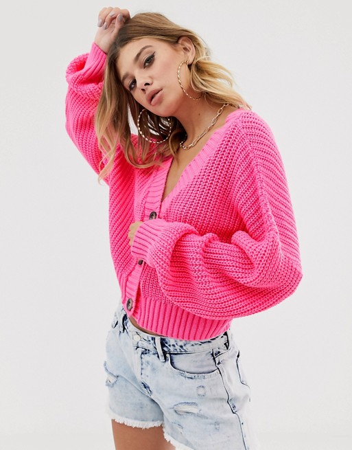 Missguided cropped cable knit cardigan in hot pink | ASOS