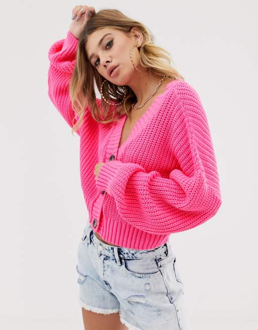 Missguided cropped cable knit cardigan in hot pink ASOS