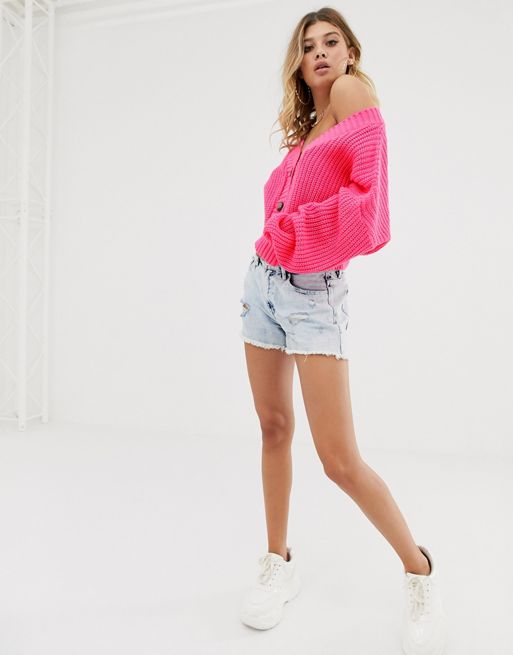 Missguided cropped cable knit cardigan in hot pink, ASOS