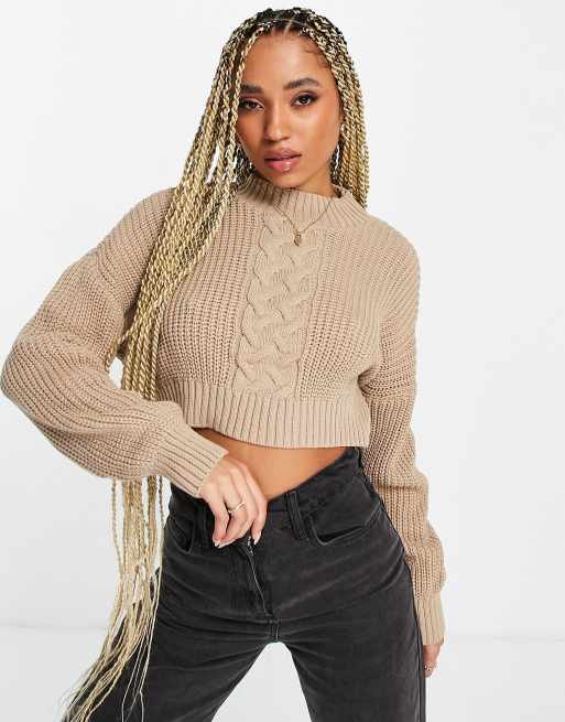 Missguided cropped cable knit jumper in camel