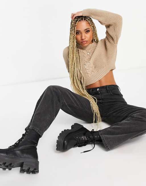 Missguided - Cropped gebreide kabeltrui in camel