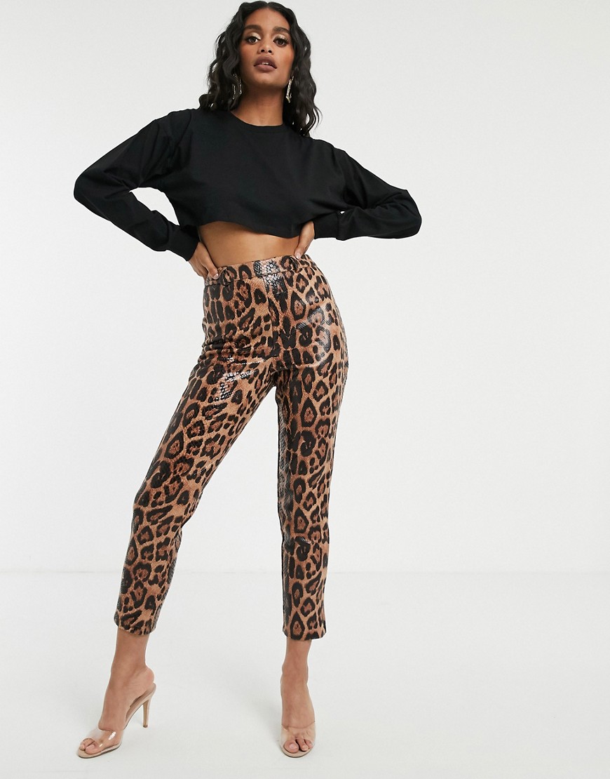 Missguided cropped leather look trousers in brown leopard-Multi