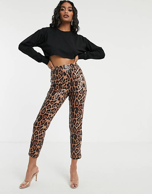 Missguided cropped leather look trousers in brown leopard | ASOS