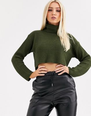 Missguided cropped roll neck jumper in khaki-Green