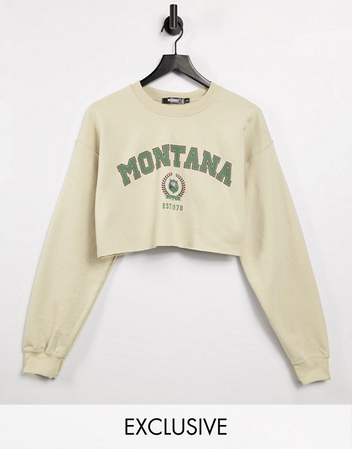 Missguided cropped sweat with montana graphic in stone