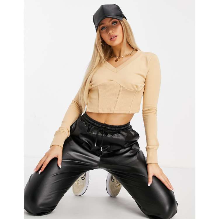 Missguided cropped sweatshirt with corset detail in beige