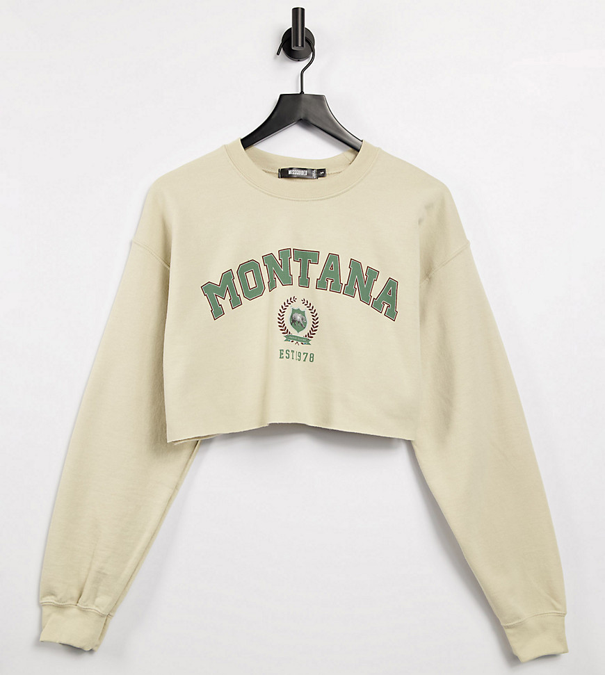 Missguided cropped sweatshirt with montana graphic in stone-Neutral