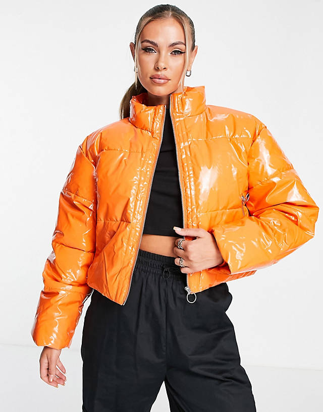 Missguided - cropped vinyl puffer jacket in orange