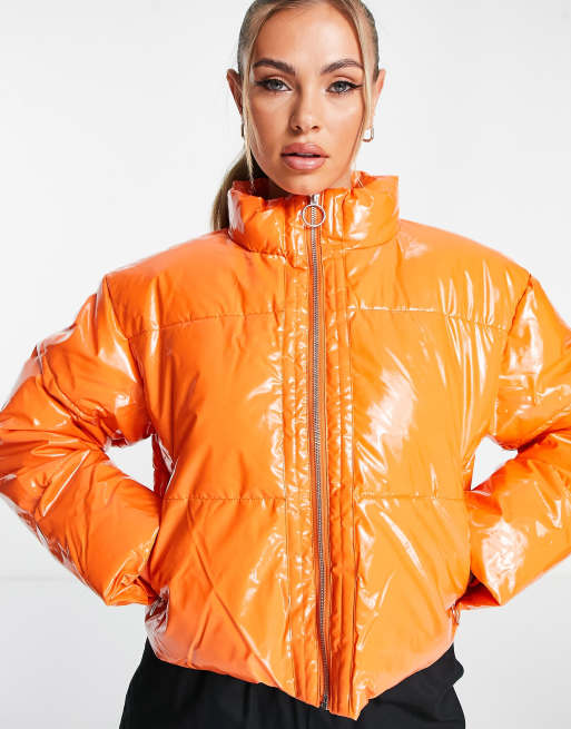 Missguided cropped vinyl puffer jacket in orange