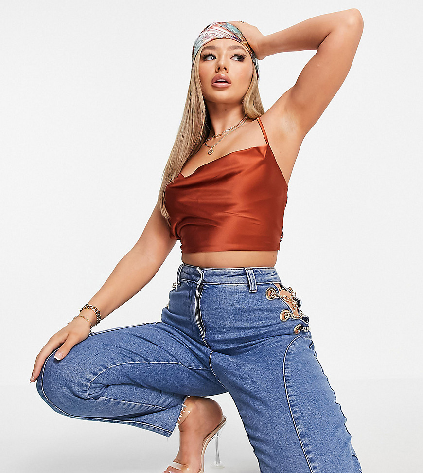 Missguided cross back crop top with cowl neck in rust-Orange