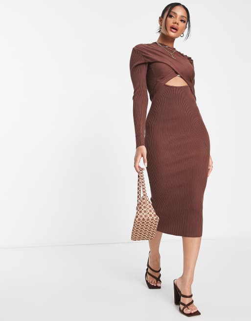 Missguided cross front cut out knitted midi dress in chocolate