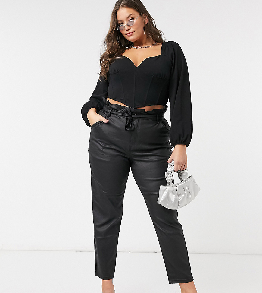 Missguided curve coated paperbag waist jeans in black