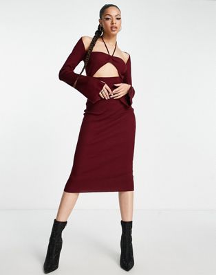 Missguided cut out halter neck midaxi dress in burgundy
