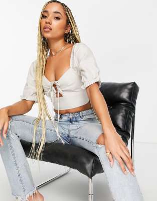 Missguided Missguided cut out milkmaid bralet top in stone-Neutral
