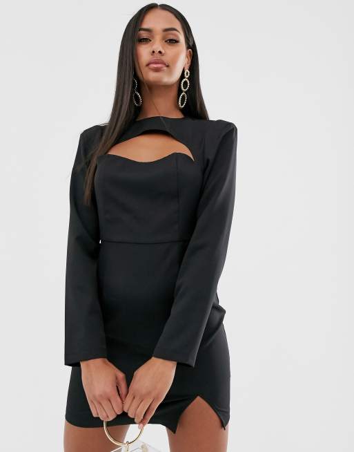 Missguided cut out mini dress with long sleeves in black | ASOS