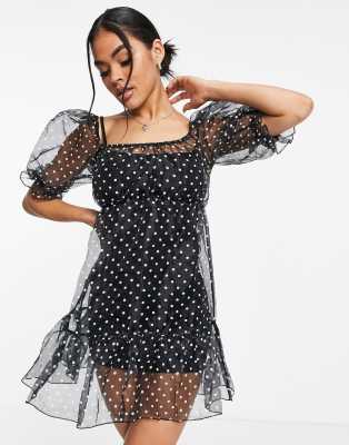 Missguided – Czarna, luźna, warstwowa sukienka w groszki | ASOS