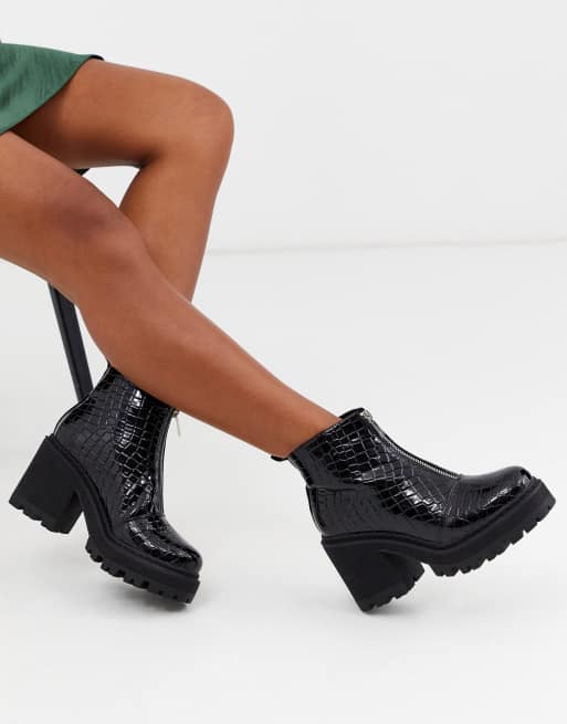 Missguided – Czarne botki na obcasie i grubej podeszwie, z ozdobnym suwakiem