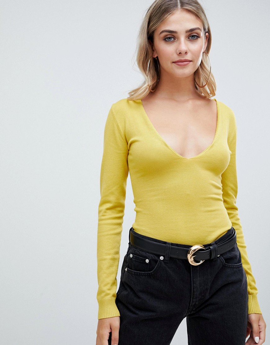 Missguided deep plunge knitted bodysuit-Yellow