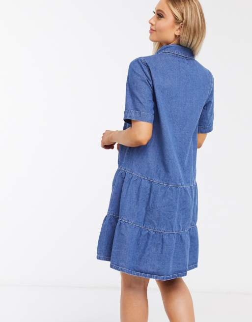 Missguided - Denim aangerimpelde jurk met gelaagde zoom in blauw, 2 van 4